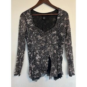 Vintage Y2K Ny&Co Sheer Babydoll Top L Floral Mesh Fairy Cyber Grunge Layered